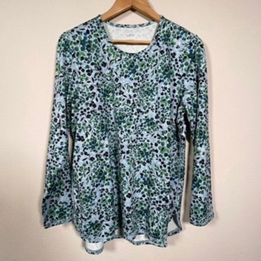 J. Jill Fit Performance Top Women Large Blue Green Floral Long Sleeve Tee L
